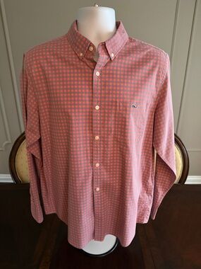 Vineyard Vines Pink and Blue/Gray Check Button-Down Shirt - Men’s Large